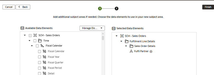 The Modify a Subject Area – SCM – Sales Orders page displaying the additions The Modify a Subject Area – SCM – Sales Orders page displaying the additions