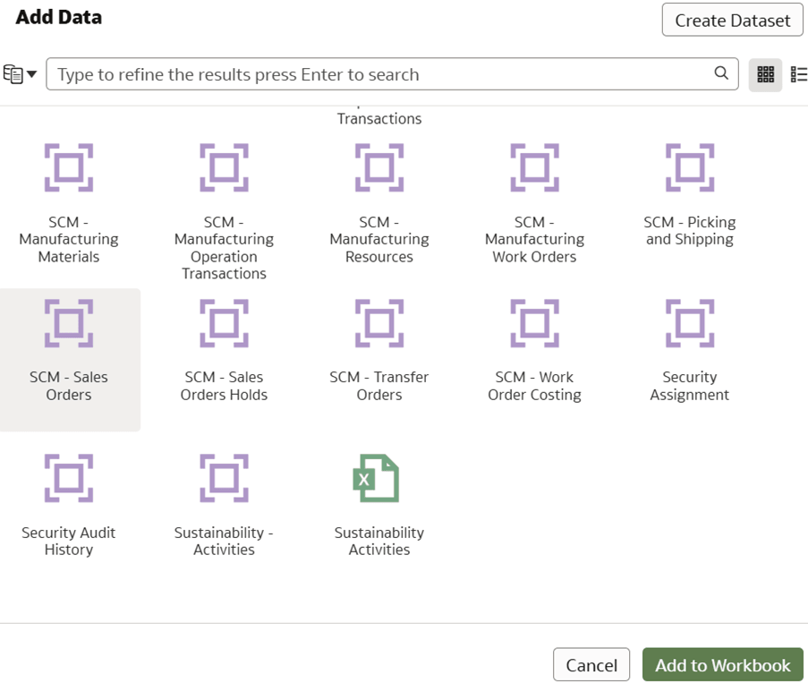 The Add Data displaying the selected SCM – Sales Orders subject area The Add Data displaying the selected SCM – Sales Orders subject area