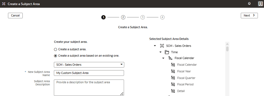 Step 1 of the wizard on the Create a Subject Area page Step 1 of the wizard on the Create a Subject Area page