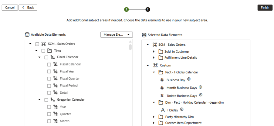 Step 2 of the wizard on the Modify a Subject Area - SCM - Sales Orders page displaying the selected data elements Step 2 of the wizard on the Modify a Subject Area - SCM - Sales Orders page displaying the selected data elements