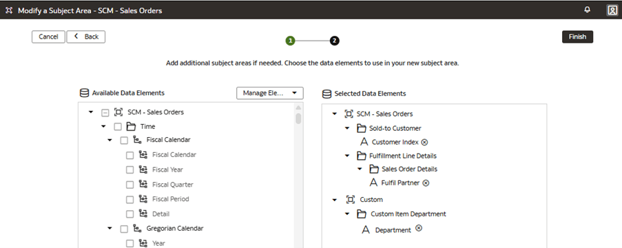 Step 2 of the wizard on the Modify a Subject Area - SCM -Sales Orders page displaying the selected data elements Step 2 of the wizard on the Modify a Subject Area - SCM -Sales Orders page displaying the selected data elements