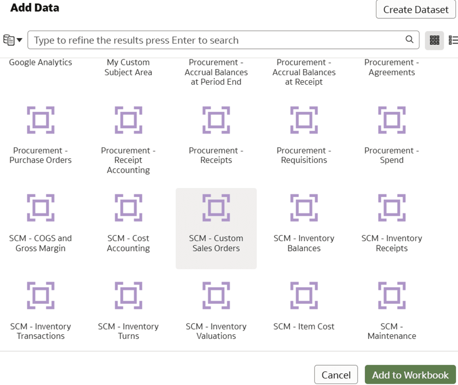The Add Data dialog displaying the selected custom subject area, SCM – Custom Sales Orders The Add Data dialog displaying the selected custom subject area, SCM – Custom Sales Orders