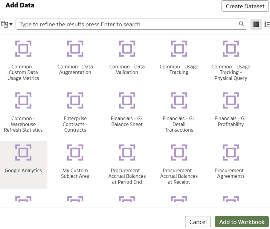 The Add Data dialog displaying the selected custom subject area, Google Analytics The Add Data dialog displaying the selected custom subject area, Google Analytics