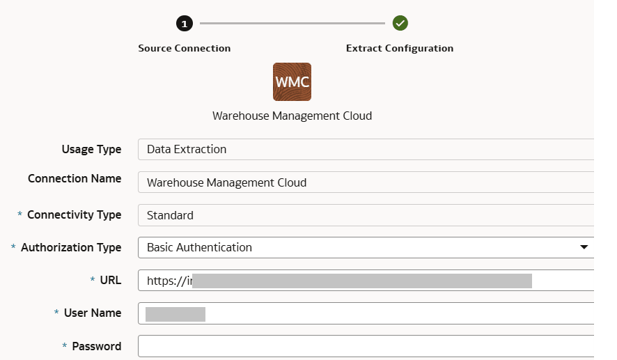 Create Connection for Oracle Warehouse Management Cloud dialog displaying the Source Connection tab with basic authentication