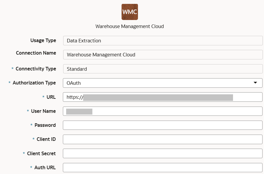 Create Connection for Oracle Warehouse Management Cloud dialog displaying the Source Connection tab with OAuth Create Connection for Oracle Warehouse Management Cloud dialog displaying the Source Connection tab with OAuth