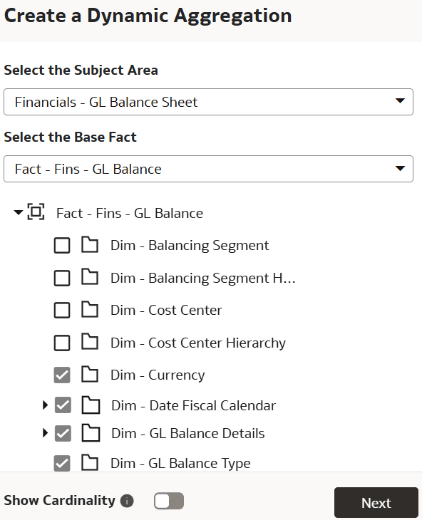 Create a Dynamic Aggregation dialog