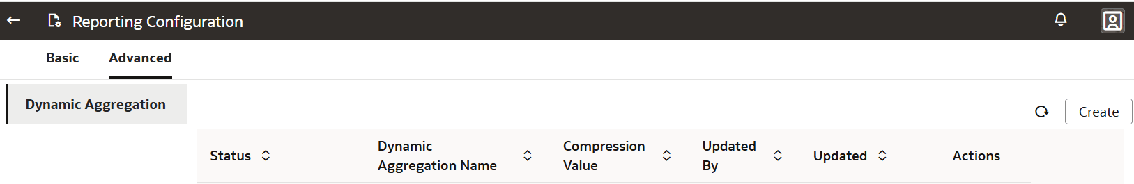 Dynamic Aggregation option under the Advanced tab on the Reporting Configuration page with the Create button.
