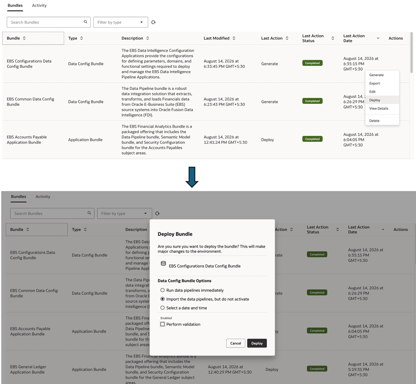 Bundle deployment options with Import data pipelines, but do not activate selected.