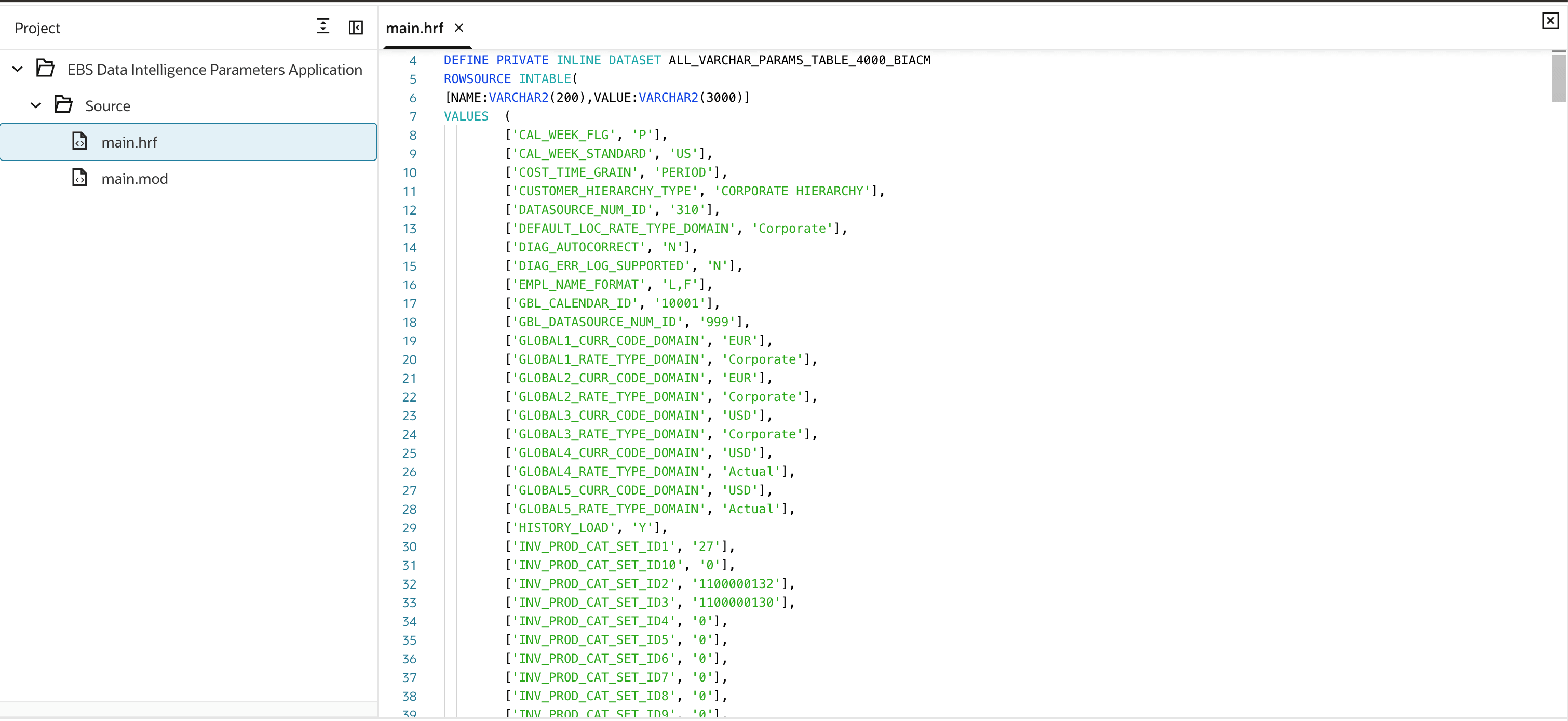Parameter configuration in the EBS_PARAMETERS DA Script application.