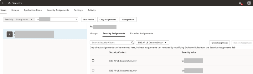 View security assignments for the applicable user