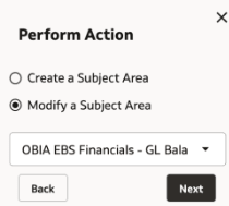 Modify a Subject Area option in the Perform Action dialog