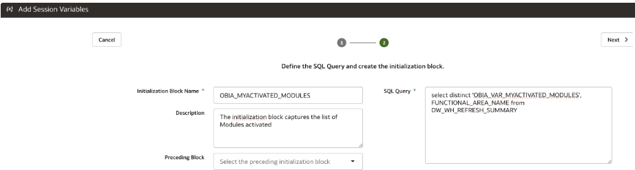 Initialization block details in step 2 of the wizard