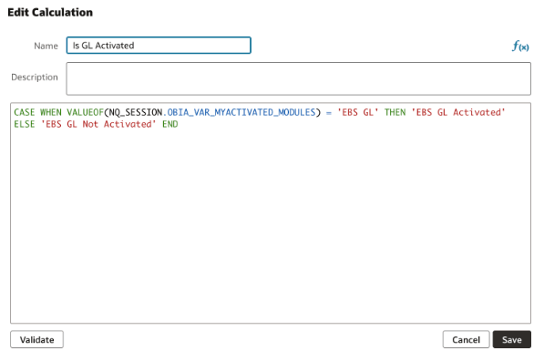 Create a calculated measure to indicate if the EBS GL module is activated