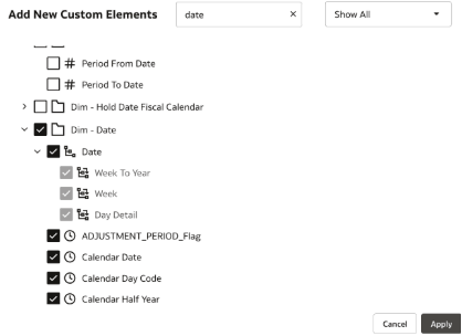 Include the dimensions and facts in Add New Custom Elements