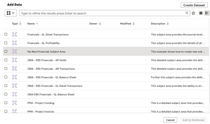 The newly created subject area visible in Oracle Analytics Cloud
