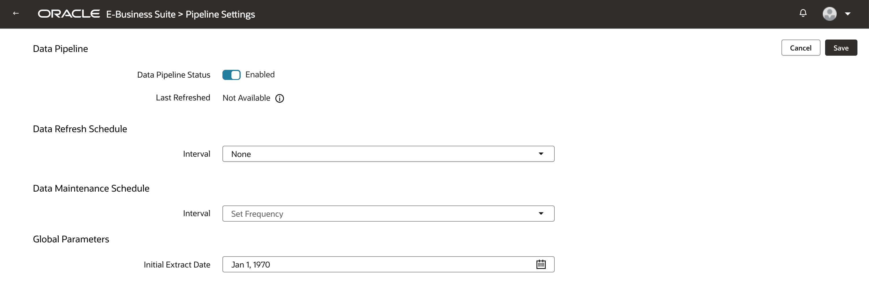 Pipeline Settings page with the Initial Extract Date global parameter.