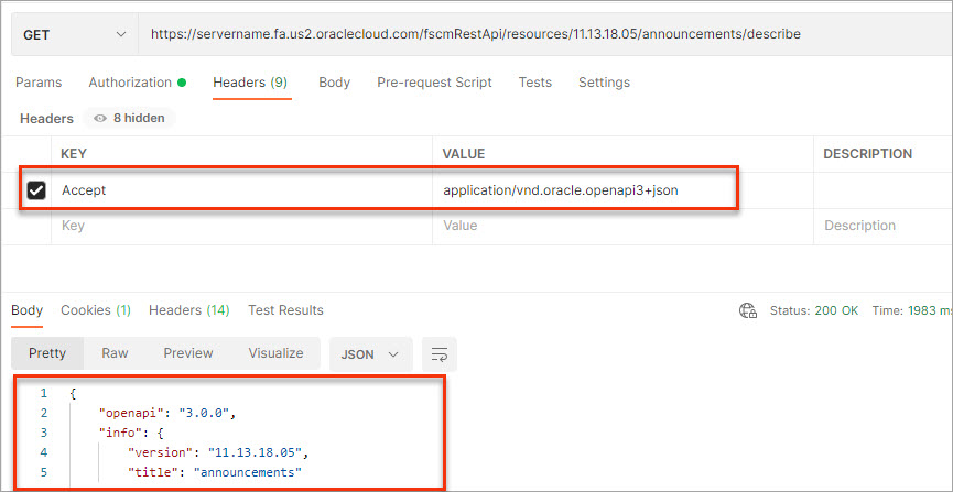 Postman example showing the Accept header set to the value supporting openapi format