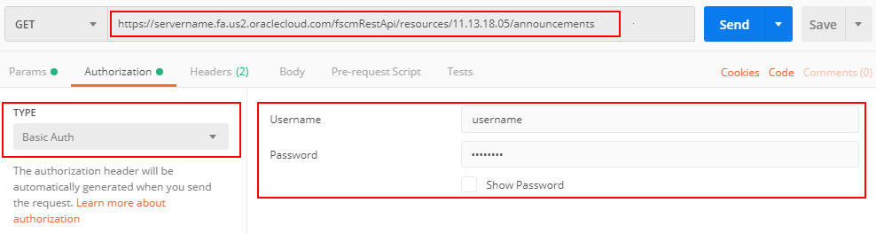 Postman example with basic authentication, user name, and password