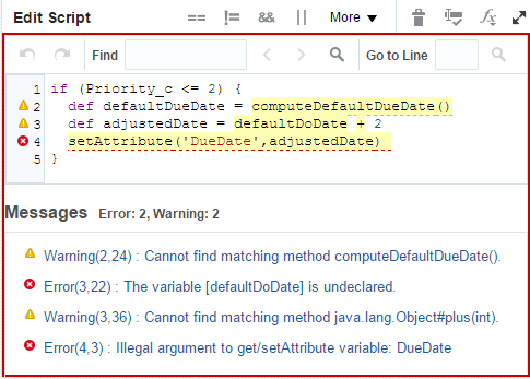 Example of Script Validation Errors and Warnings