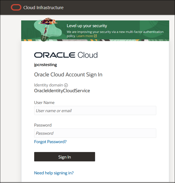 This image shows the Oracle Cloud Account Sign In page with the link that you can use if you're signing in for the first time (1) and an Identity Cloud Service instance, for example, Oracle Applications Cloud (2).