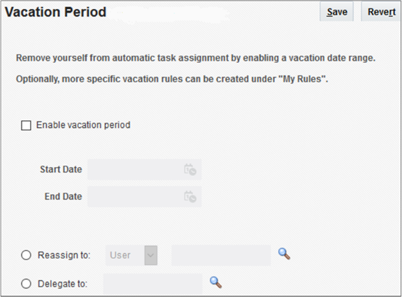 Vacation Period page on the My Rules tab for defining a vacation rule for workflow