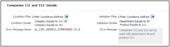 This figure illustrates the condition and validation filter details for companies 131 and 151.