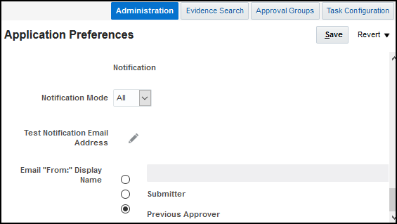 Notification section on the Application Preferences page on the Administration tab, with options to define the email sender name for all workflow tasks