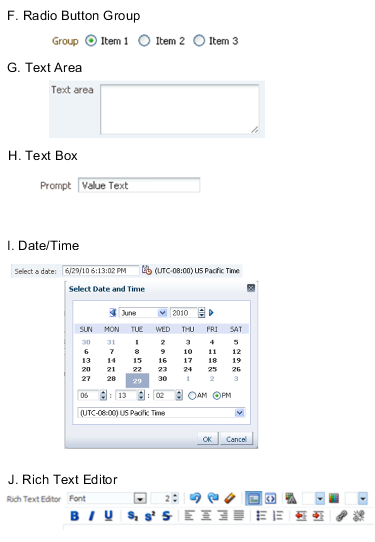 The figure comprises five display types namely: F. Radio Button Group, G. Text Area, H. Text Box, I. Date and Time, J. Rich Text Editor