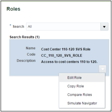 This figure shows the Roles page and the Edit Role menu option for the selected role.