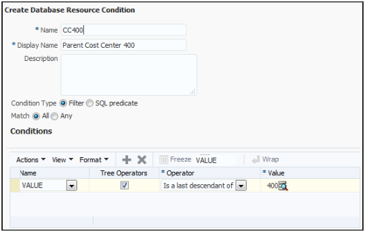 This figure shows the Create Database Resource Condition page.