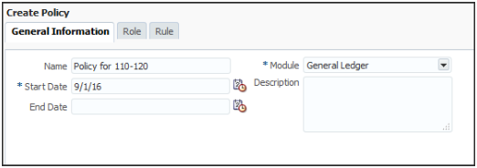 This figure shows the General Information tab on the Create Policy page.