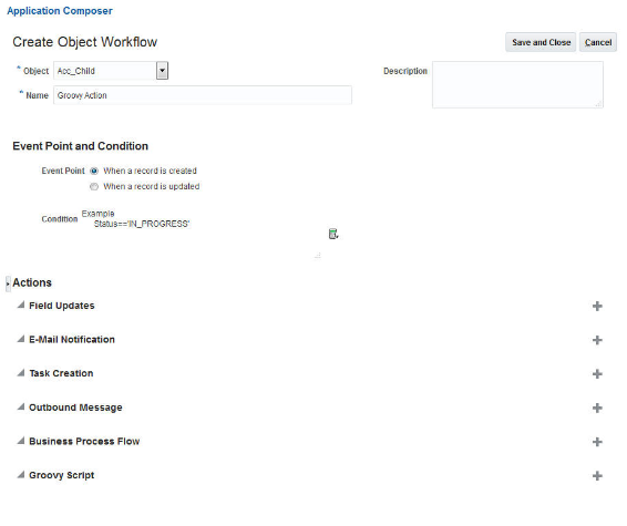 Create Object Workflow page showing Groovy Script option under Actions