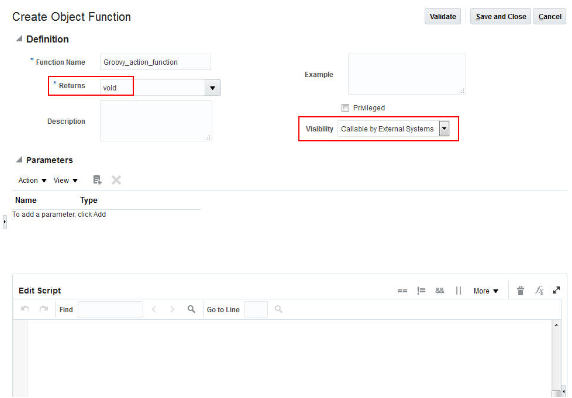Create Object Function page showing required elements for a Groovy function usable with Object Workflows