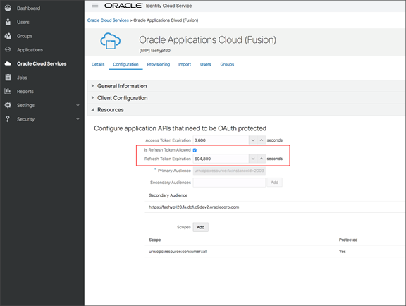 Identity Cloud Services application page showing the Refresh Token Expiration field.