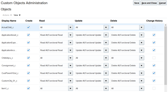 This is a screenshot of the role-centric security policies page, which displays a list of the custom objects for your implementation.