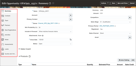 This is a screenshot of the Edit Opportunity page, including the available subtabs.