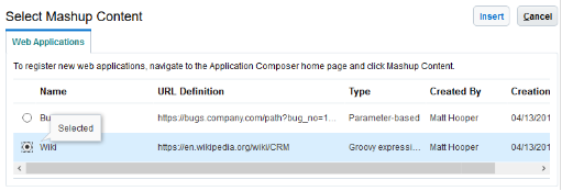 This is a screenshot of the Select Mashup Content page, where you select the mashup that you want to embed in your application page.
