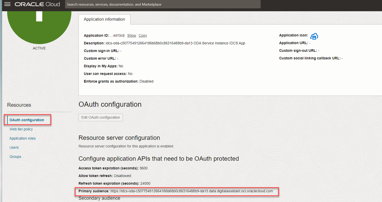 This image shows the IDCS URL