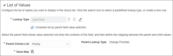 This is a screenshot of the List of Values region, which you can configure when defining a fixed choice list.