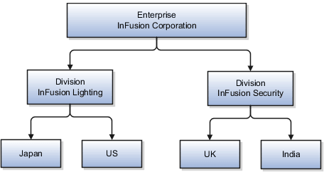 A figure that shows an enterprise with divisions and countries in which the divisions operate.