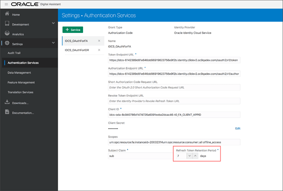 Oracle Digital Assistant application page showing the Refresh Token Retention Period field.