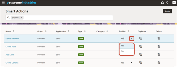 This screenshot illustrates how to disable a smart action.