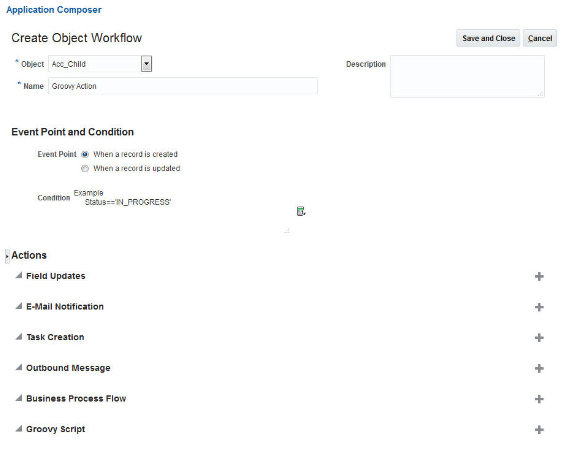 Create Object Workflow page showing Groovy Script option under Actions