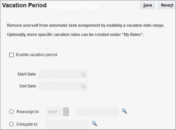 Vacation Period page on the My Rules tab for defining a vacation rule for workflow