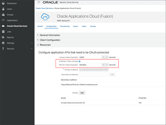 Identity Cloud Services application page showing the Refresh Token Expiration field.
