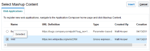 This is a screenshot of the Select Mashup Content page, where you select the mashup that you want to embed in your application page.