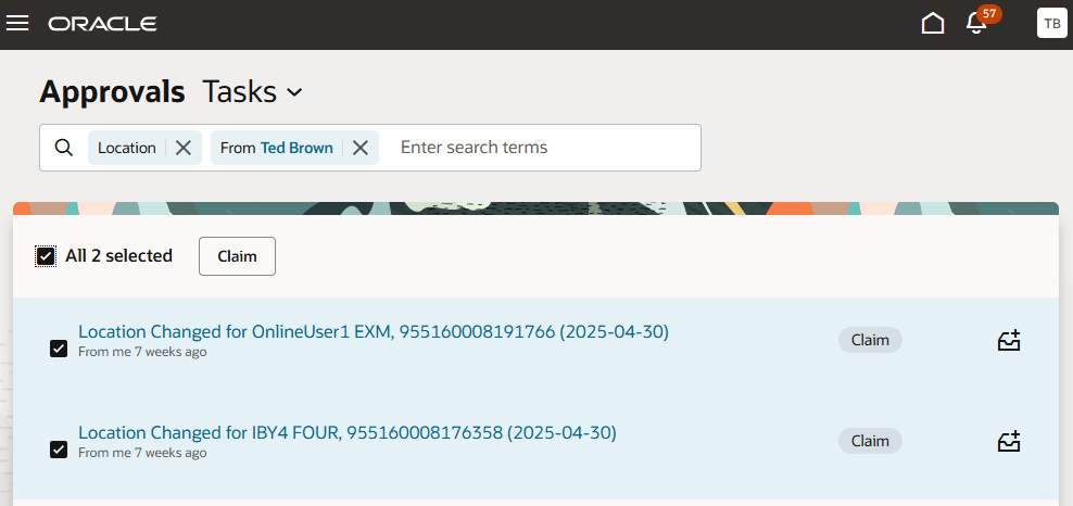 Approvals Tasks page in the Approvals work area