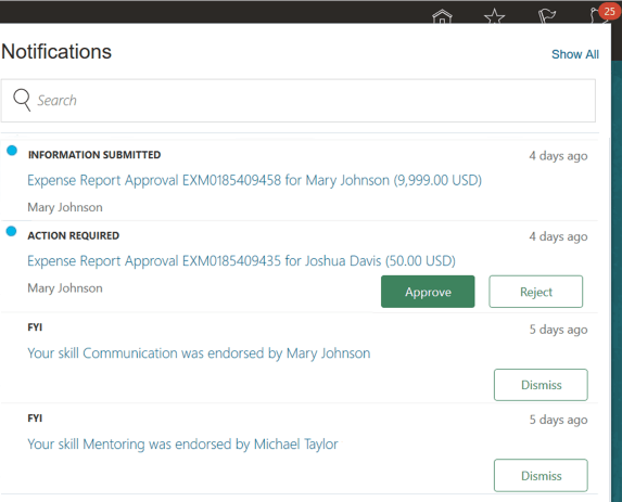 Notifications list in the global header opened by clicking the Notifications icon