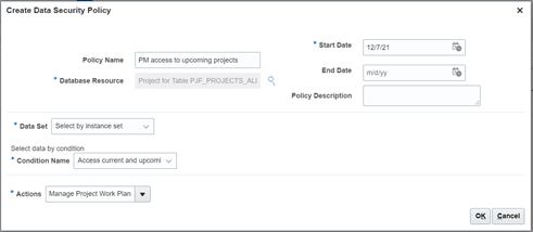 The Create Data Security window with data security settings to assign a PM access to upcoming projects