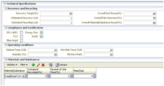 The figure displays technical specifications logical page in the user interface for the Electronics and Computers category, with attributes in the context of Recovery and Recycling, Compliance and Certification, Operating Conditions, and Materials and Substances